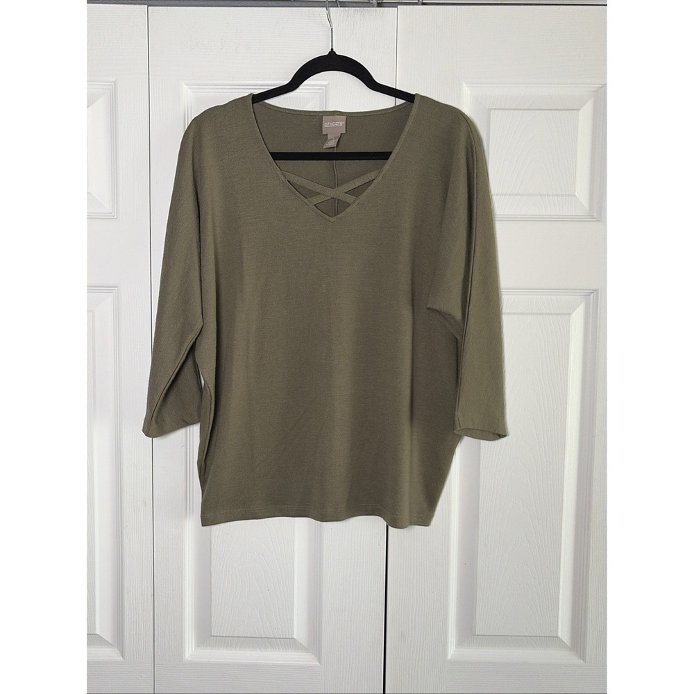 Chico's Strappy V-Neck Dolman Sweater Womens Size 1 M Olive Green Knit